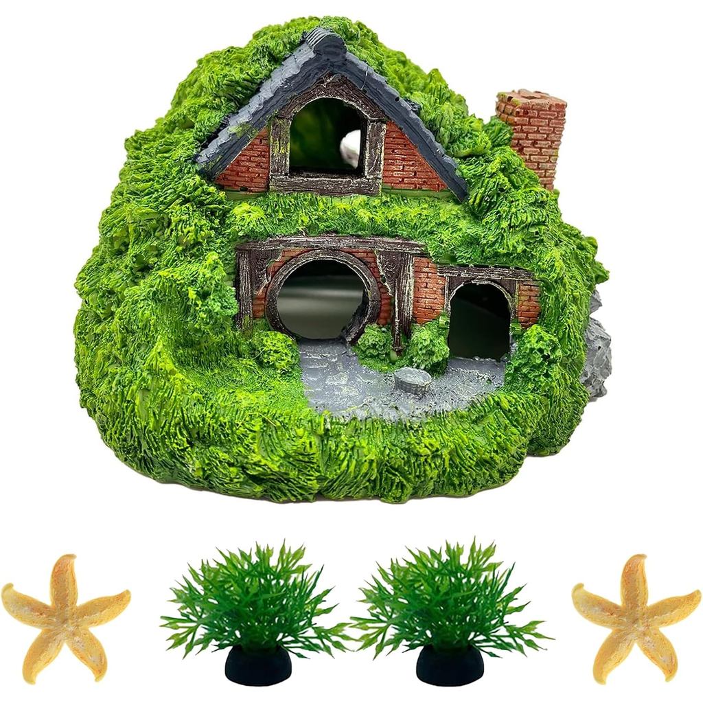 ชุดตกแต่งตู้ปลา ตู้ตกแต่งตู้ปลา Hobbit House x 1 ชิ้น อุปกรณ์ปลา พืชน้ํา x 2 ชิ้น ดาว x 2 ชิ้น