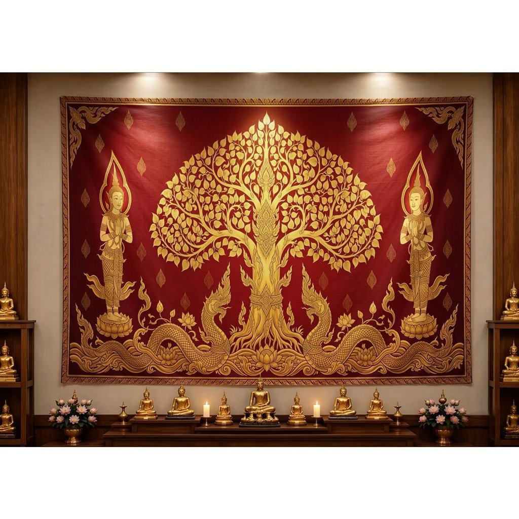ผ้าพื้นหลังต้นโพธิ์ศักดิ์สิทธิ์ ลายนาคาและเทพยดา ศิลปะวัดไทย ผ้าม่านตกแต่งห้องบูชา วันวิสาขบูชา มีหลายขนาด