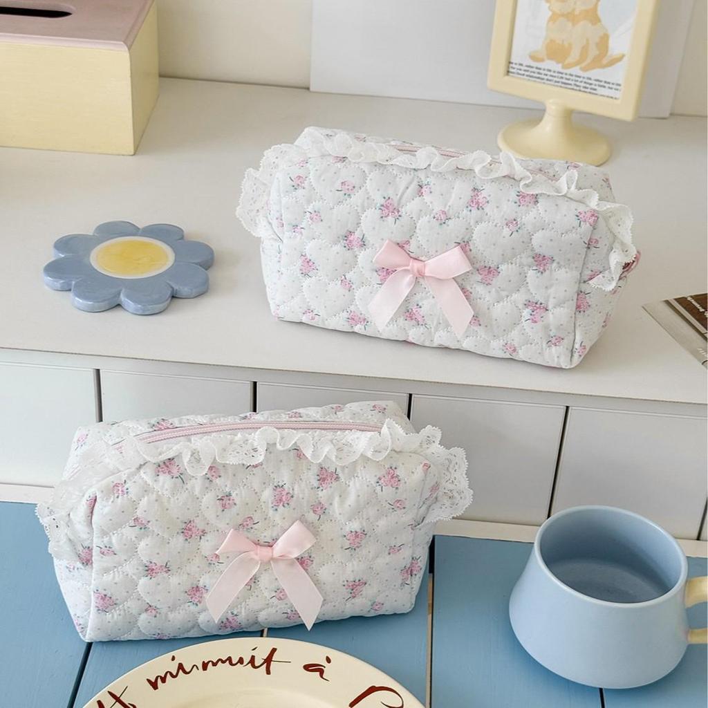 Pink Rose Sweetheart Storage Pouch Stylish Fresh Country Chic Girly and Spacious with Lace Trim