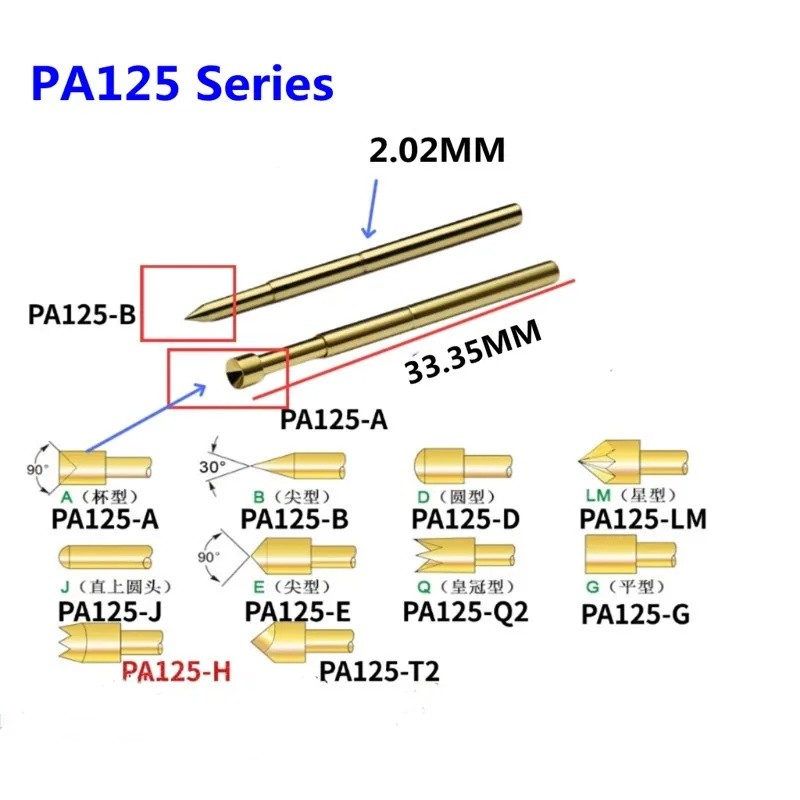 10PCS Gold-plated PA125-A2 B1 D2 E2 Q2 Q1 J1 H2 T2 G2 ฤดูใบไม้ผลิทดสอบ Pin เส้นผ่านศูนย์กลางภายนอก 2