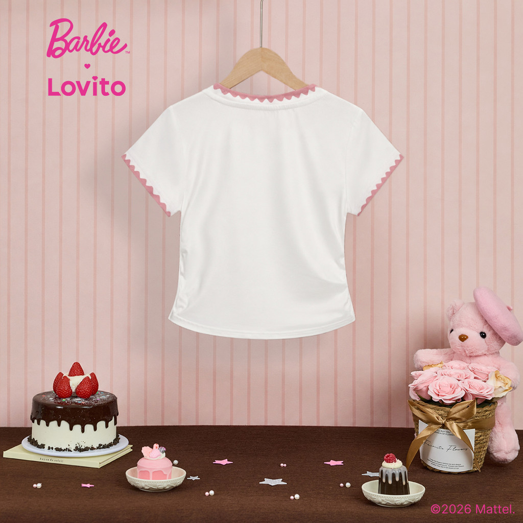 Barbie × Lovito Kids تيشيرت بنات وردي بطباعة حروف — صورة 3