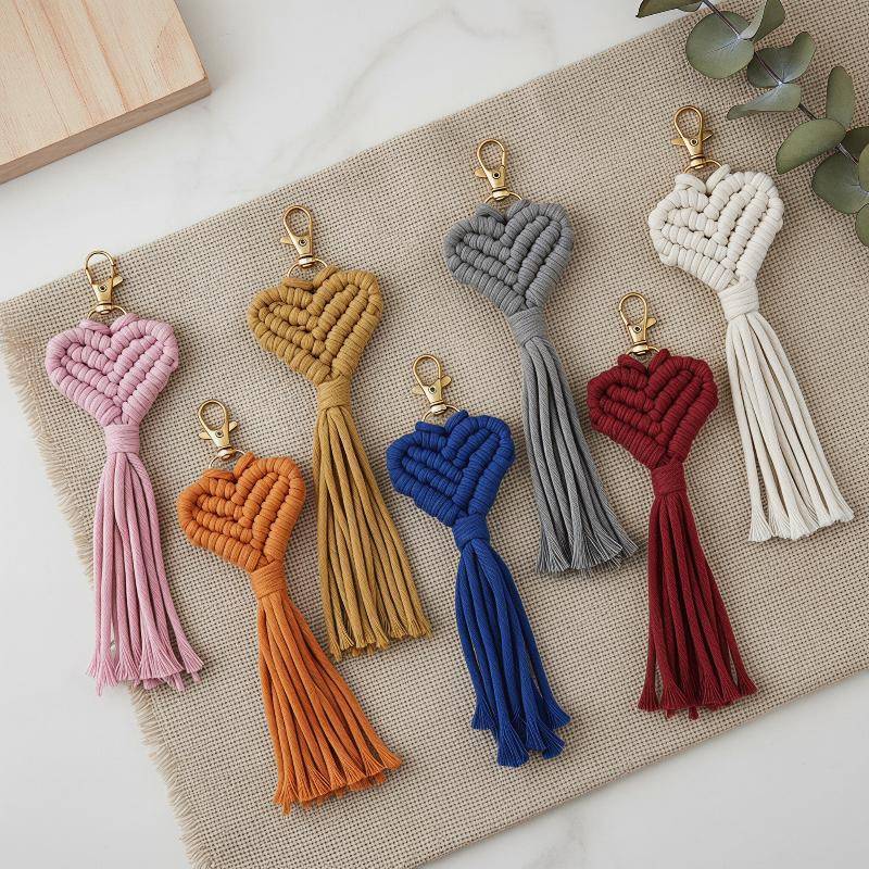 Handmade Macrame พวงกุญแจหัวใจสร้างสรรค์ทอจี้สําหรับผู้หญิงพวงกุญแจรถ DIY Craft อุปกรณ์เสริมส่วนบุคคลของขวัญ