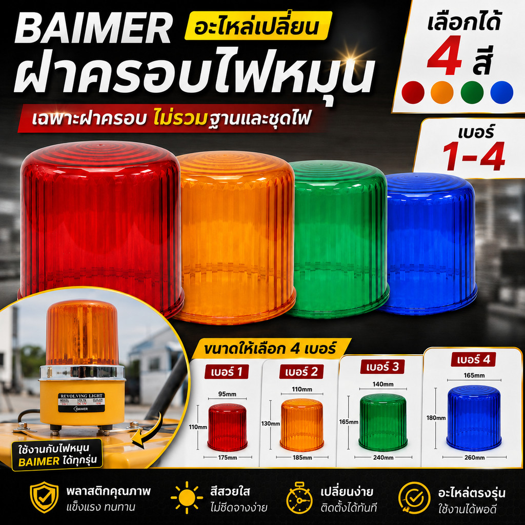 BAIMER ฝาครอบไฟหมุน เบอร์ 1-4 ฝาครอบไฟไซเรน อะไหล่ไฟหมุน เลือก 4 สี แดง เหลือง เขียว น้ำเงิน เฉพาะฝา 1 ชิ้น