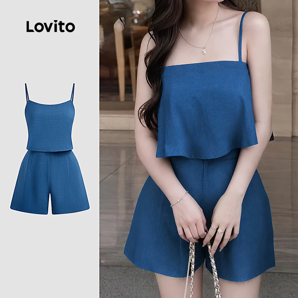 Lovito แคชชวล ชุดจัมพ์สูทสายซิปสั้นสำหรับผู้หญิง ช่วงฤดูใบไม้ผลิ/ร้อน L143ED475