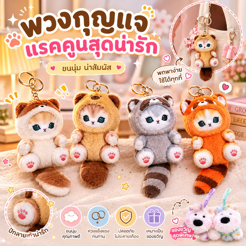 พวงกุญแจตุ๊กตาแรคคูน จี้ ตุ๊กตาขนปุยสไตล์น่ารัก ช่วยให้ผ่อนคลาย ของขวัญวันเกิด