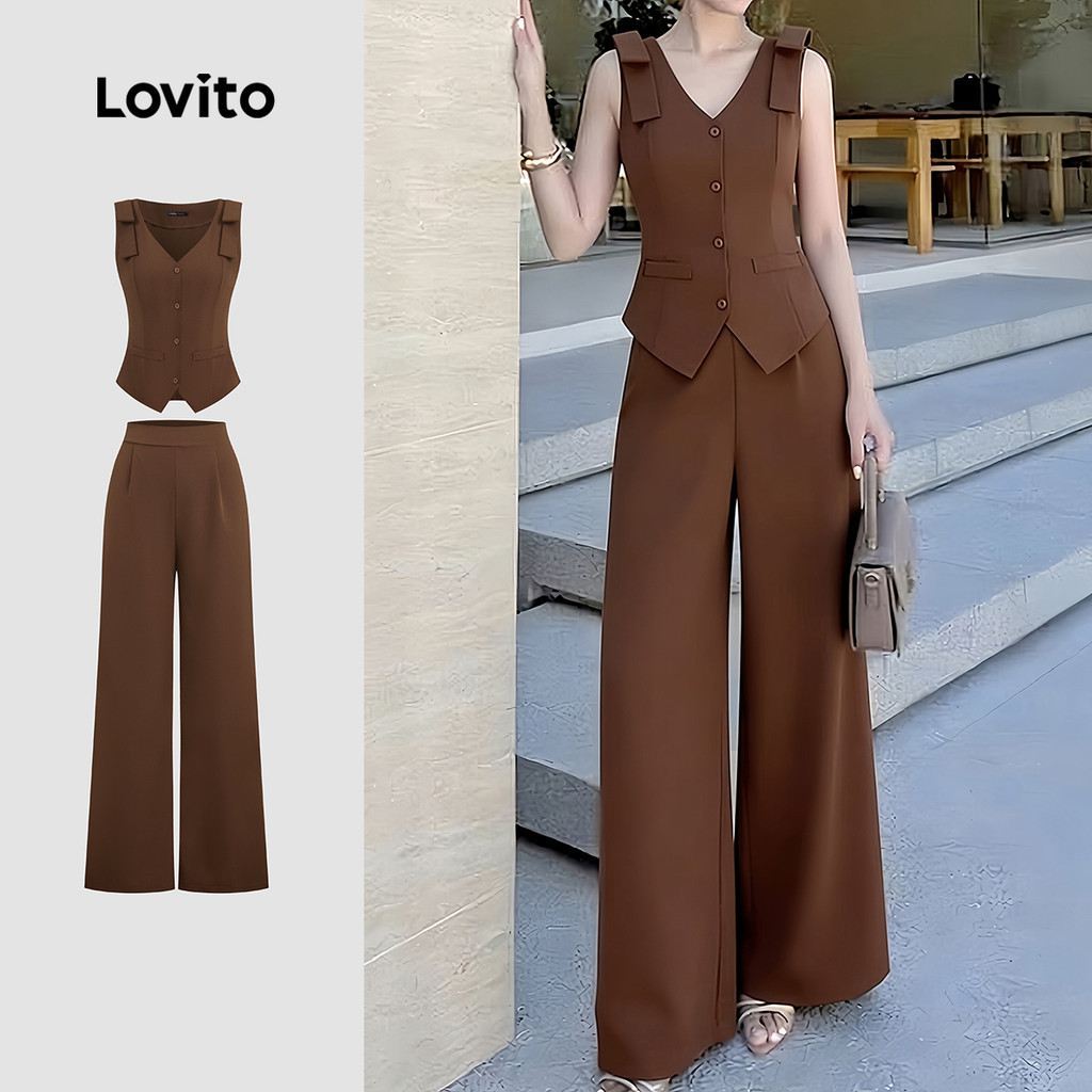 Lovito เสื้อหรือกางเกงผู้หญิงสไตล์เรียบง่ายหรูหรา ประดับโบว์ เหมาะสําหรับฤดูใบไม้ผลิและฤดูร้อน สีน้ําตาล LK4ED1135