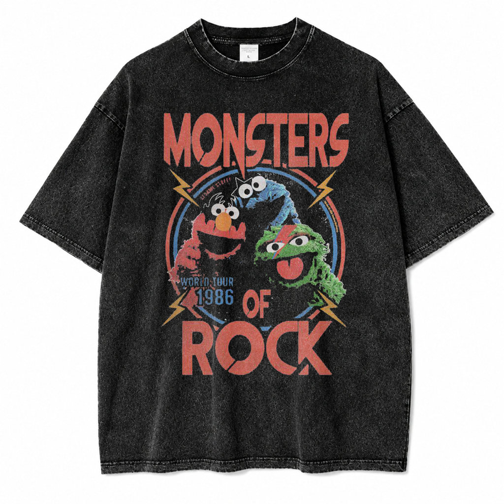 หินขนาดใหญ่สีดําล้าง Sesame Street Monsters Rock Vintage Streetwear Distro Unisex ผู้ชายผู้หญิงเสื้อ