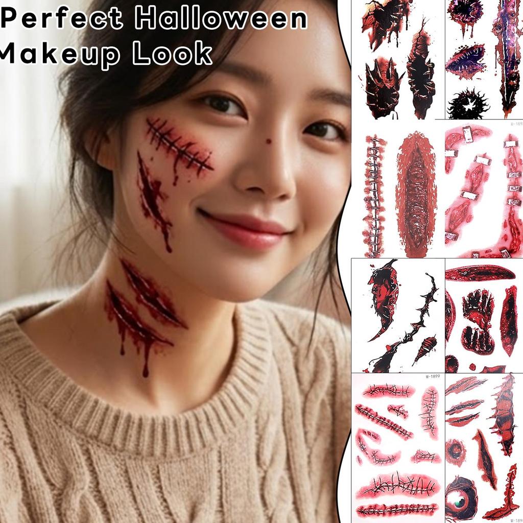 สมจริงกันน้ํา Bloody‐Scar Tattoo สติกเกอร์ - Skin-Friendly Water-Transfer Decal - Spooky ฮาโลวีนคอสเ
