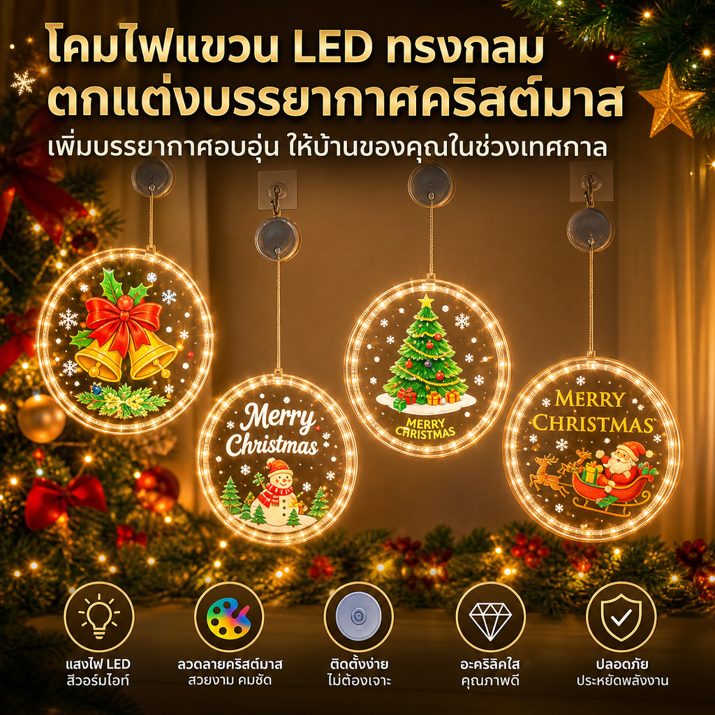 COD โคมไฟ LED ไฟตกแต่งคริสต์มาสไฟประดับ ติดกระจกหน้าต่าง ตัวดูด อุปกรณ์คริสต์มาส ขนาด 21cm