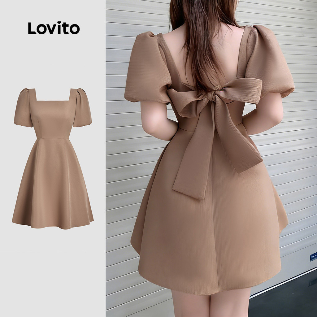 Lovito สง่างาม เดรสผู้หญิงสีคากี สไตล์เรียบง่าย ใส่สบาย สําหรับฤดูใบไม้ผลิและฤดูร้อน L178ED1474