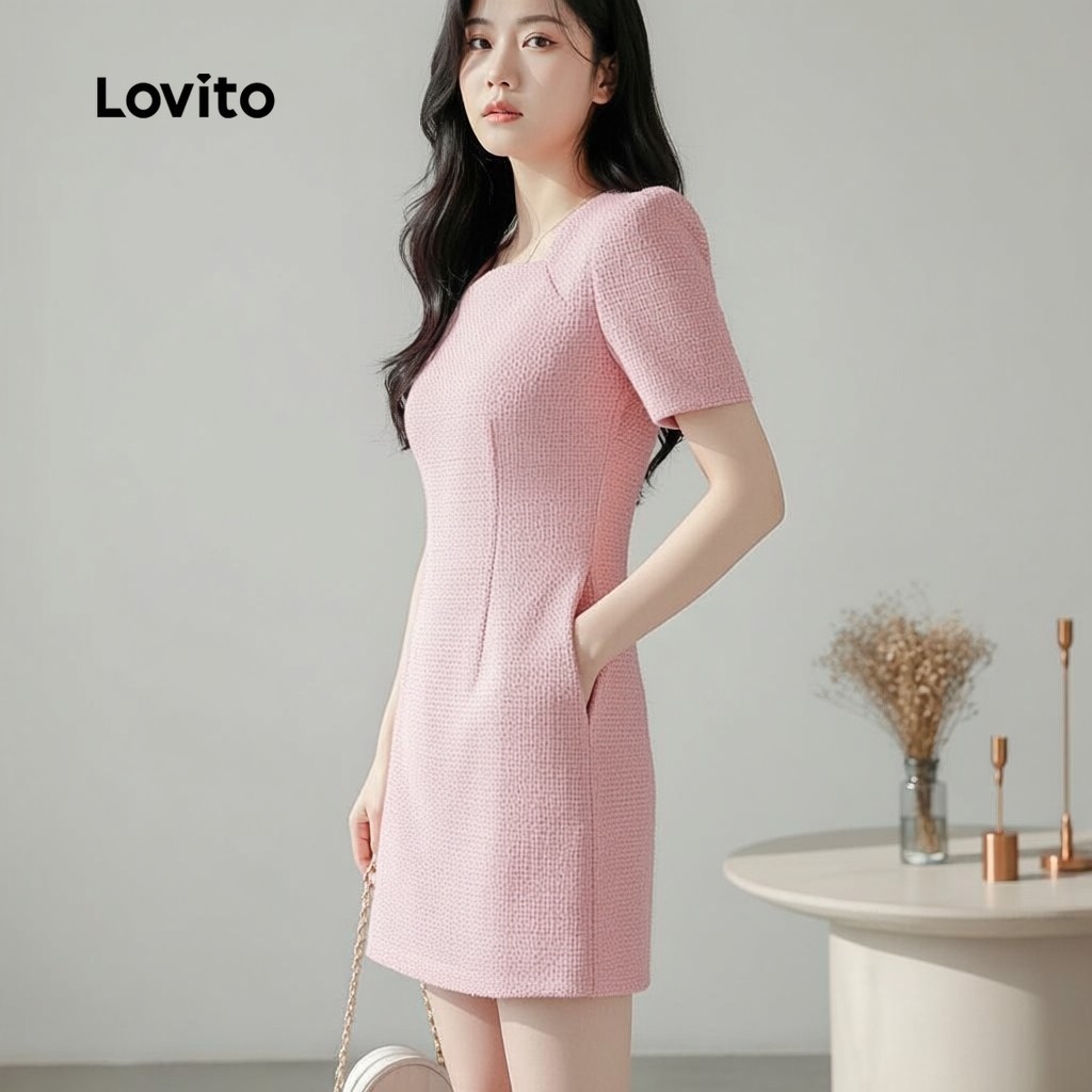 Lovito สง่างาม เดรสสีชมพูสําหรับเดินทาง ดีไซน์เรียบหรู ฤดูใบไม้ผลิ/ฤดูร้อน L155ED1527