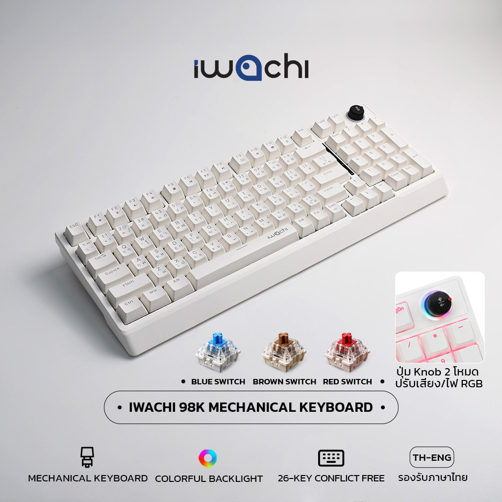 IWACHI คีย์บอร์ดเกมมิ่ง Mechanical Blue Switch/Brown Switch/Red Switch แบบมีสาย ไฟRGB 98ปุ่ม คีย์แคป
