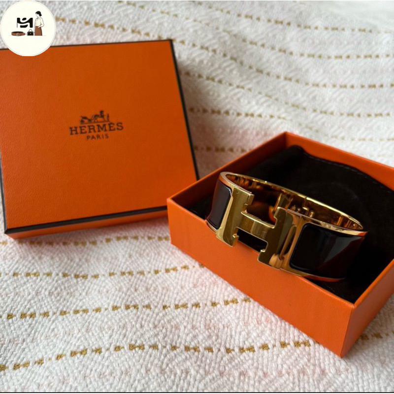 ของแท้ 100%ของแท้ 100%Hermes กำไลข้อมือสีดำอะไหล่ทอง