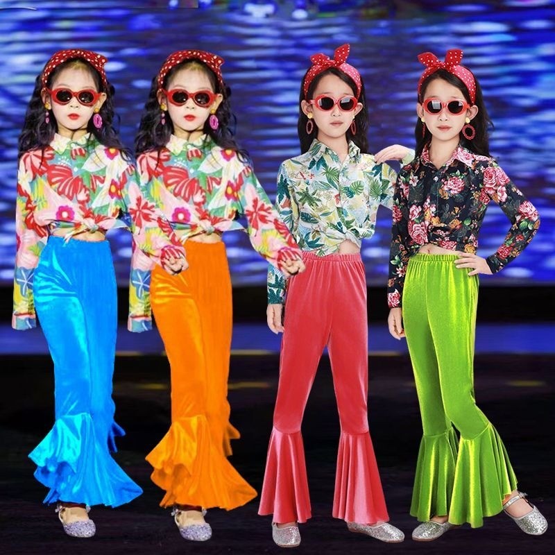 Retro Nostalgic Hong Kong Style Era Flared Pants Studio Catwalk Theme Girls Performance Children Per