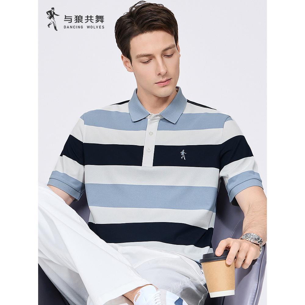[Contrast Color Stripes] Dancing with Wolves Lapel Short Sleeve T-Shirt Men 2026 Summer New Style Co