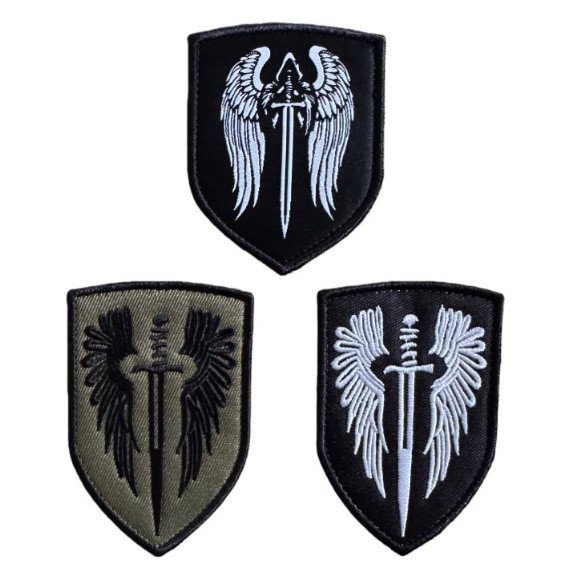 ดาบปีกโล่รูปร่างยุทธวิธี Morale Patch ทอป้าย Hook & Loop ทหาร Badge Applique สําหรับแจ็คเก็ตเสื้อกั๊กกระเป๋าเป้สะพายหลังหมวกกระเป๋า
