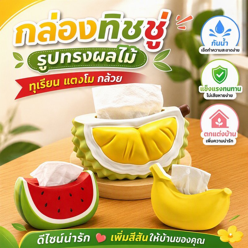 กล่องทิชชู่ กล่องทิชชู่รูปผลไม้ กล่องกระดาษทิชชู กันน้ำ ไม่เสียหายง่าย ไม่ว่าจะเป็นทุเรียน แตงโม กล้วย ตกแต่งบ้าน