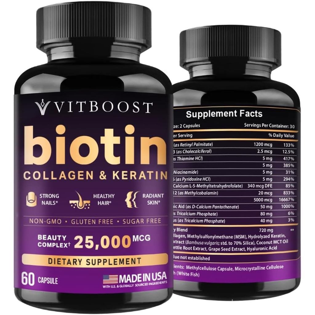 VITBOOST ไบโอตินด้วยกรดไฮยาลูโรนิก คอลลาเจน และเคราติน - 60Ct, 25000mcg