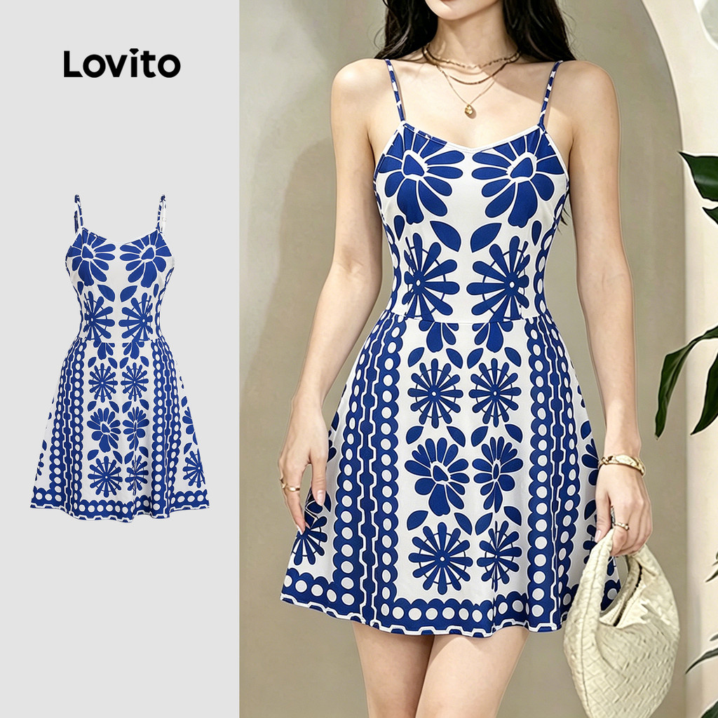 (New Arrival) Lovito โบโฮ เดรส ลายดอกไม้ สไตล์รีสอร์ท ชุดลําลอง เดรสฤดูใบไม้ผลิ/ฤดูร้อน สําหรับผู้หญิง L199ED472