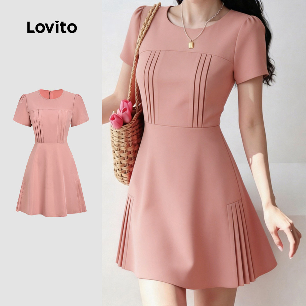 (New Arrival) Lovito ชุดเดรสลําลองจีบเรียบง่ายสีชมพูฤดูใบไม้ผลิ/ฤดูร้อนสําหรับผู้หญิง DRB199P2D397