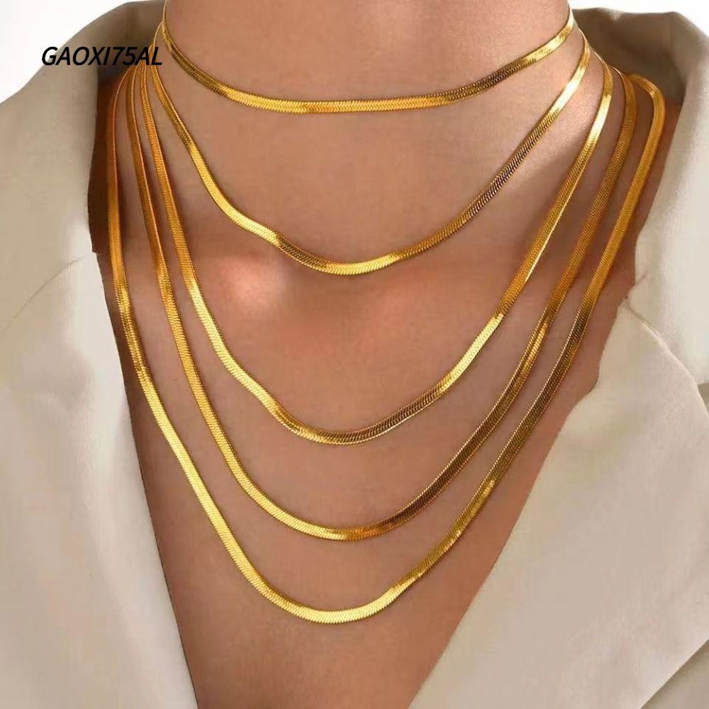 GAOXI75AL สร้อยคอสแตนเลส,สร้อยคองูสแตนเลสสีทอง/เงิน,Minimalist 2mm/3mm Gold Herringboneผู้หญิง