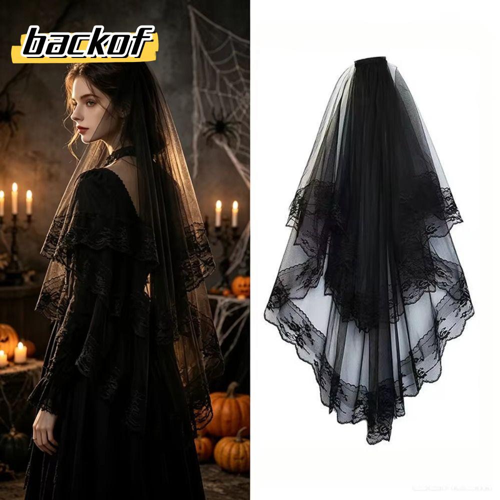 BACKOF Tulle Veil, Floral Lace Trim Lace Edge Lace Veil, โรแมนติกสีดําสองชั้น Gothic Veil สําหรับงาน
