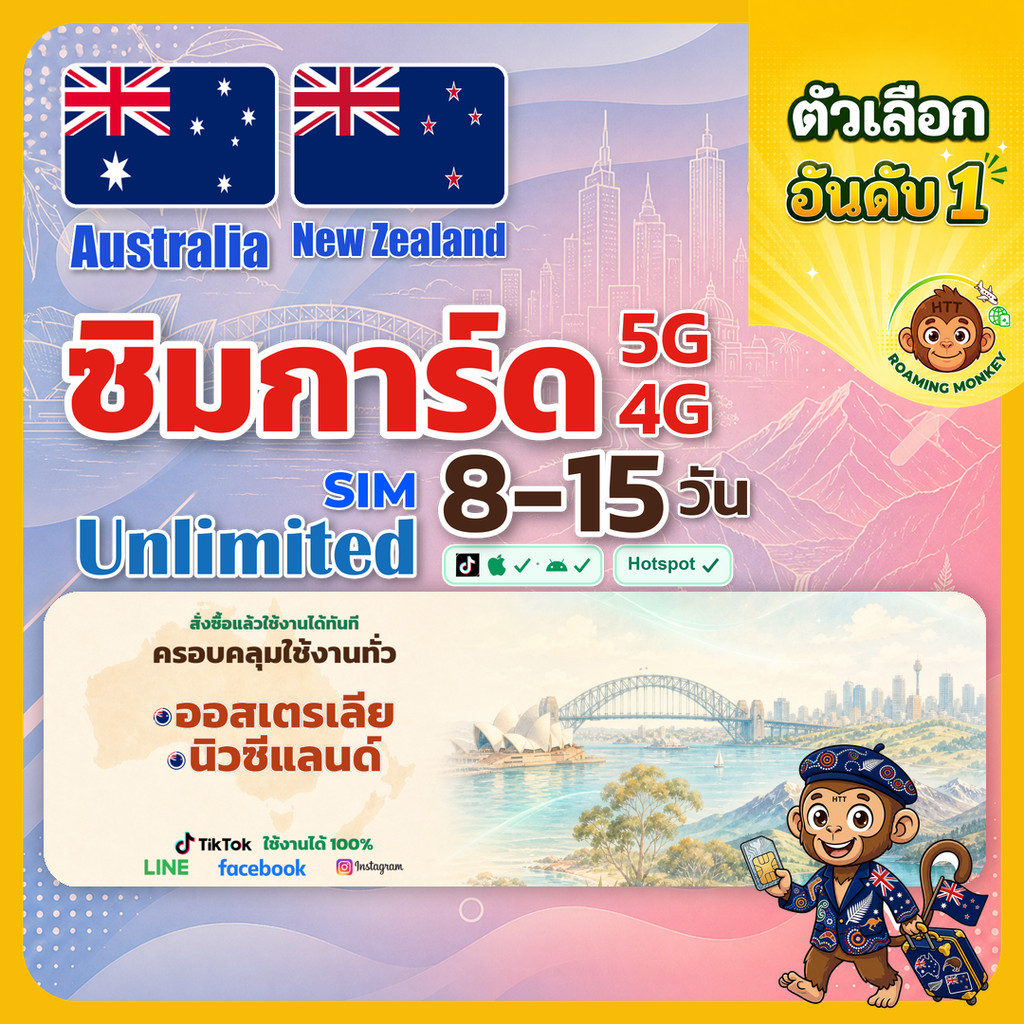 [SIM] Australia & New Zealand 4G/5G 8-15 วัน ซิมเดินทาง ท่องเที่ยว ออสเตรเลีย นิวซีแลนด์  โดย Roamin