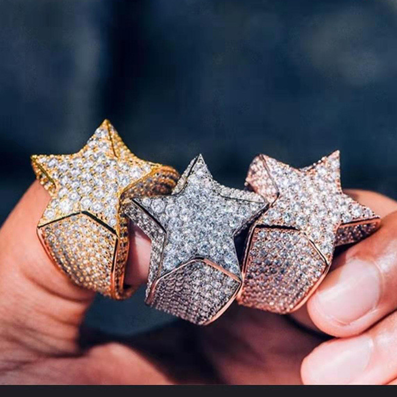 Chenrui Hip Hop Full Diamond Micro-Set Zircon Five-Pointed Star Ring เครื่องประดับ 9.10