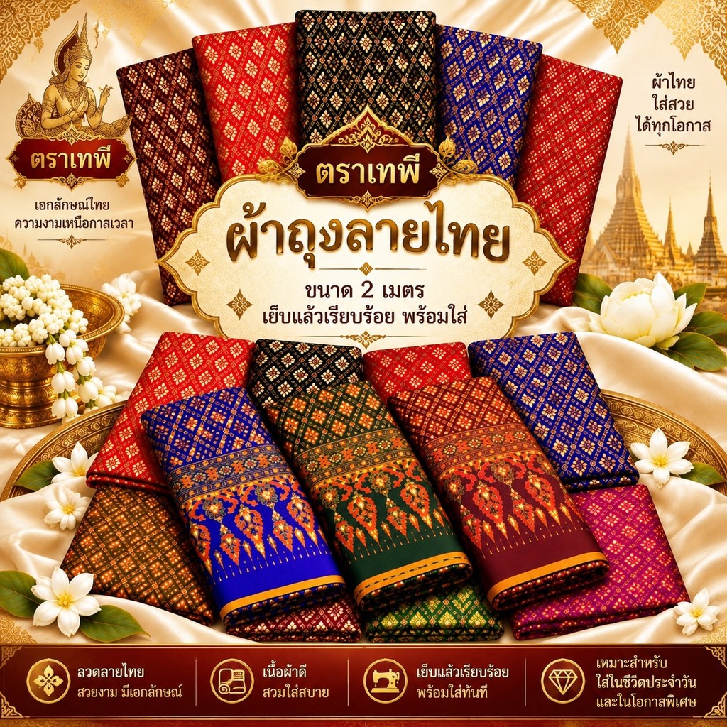 ผ้าถุง เย็บแล้ว 2 เมตร ตราเทพี ลายไทย พร้อมใส่ ผ้าซิ่น ผ้าถุงลายไทย ผู้หญิง ไม่หดน้ำ สีไม่ตก กระโปรง (W05)