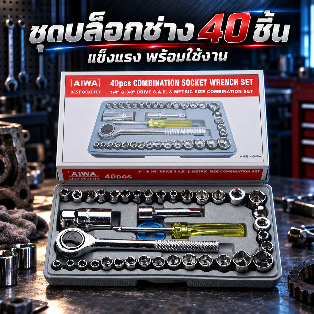 ชุดบล็อกเครื่องมือ 40 ชิ้น พร้อมด้ามฟรีและหัวบล็อกครบชุด พกพาง่าย เหมาะสำหรับซ่อมรถ มอเตอร์ไซค์ และงานช่างG68