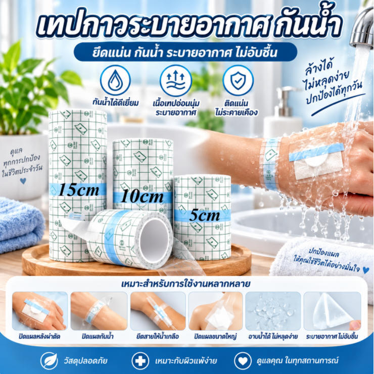 เทปปิดแผลกันน้ำระบายอากาศ 5/10/15cm ยาว5เมตร ตัดง่าย ปิดแผลปิดรอยสักอาบน้ำไม่หลุด