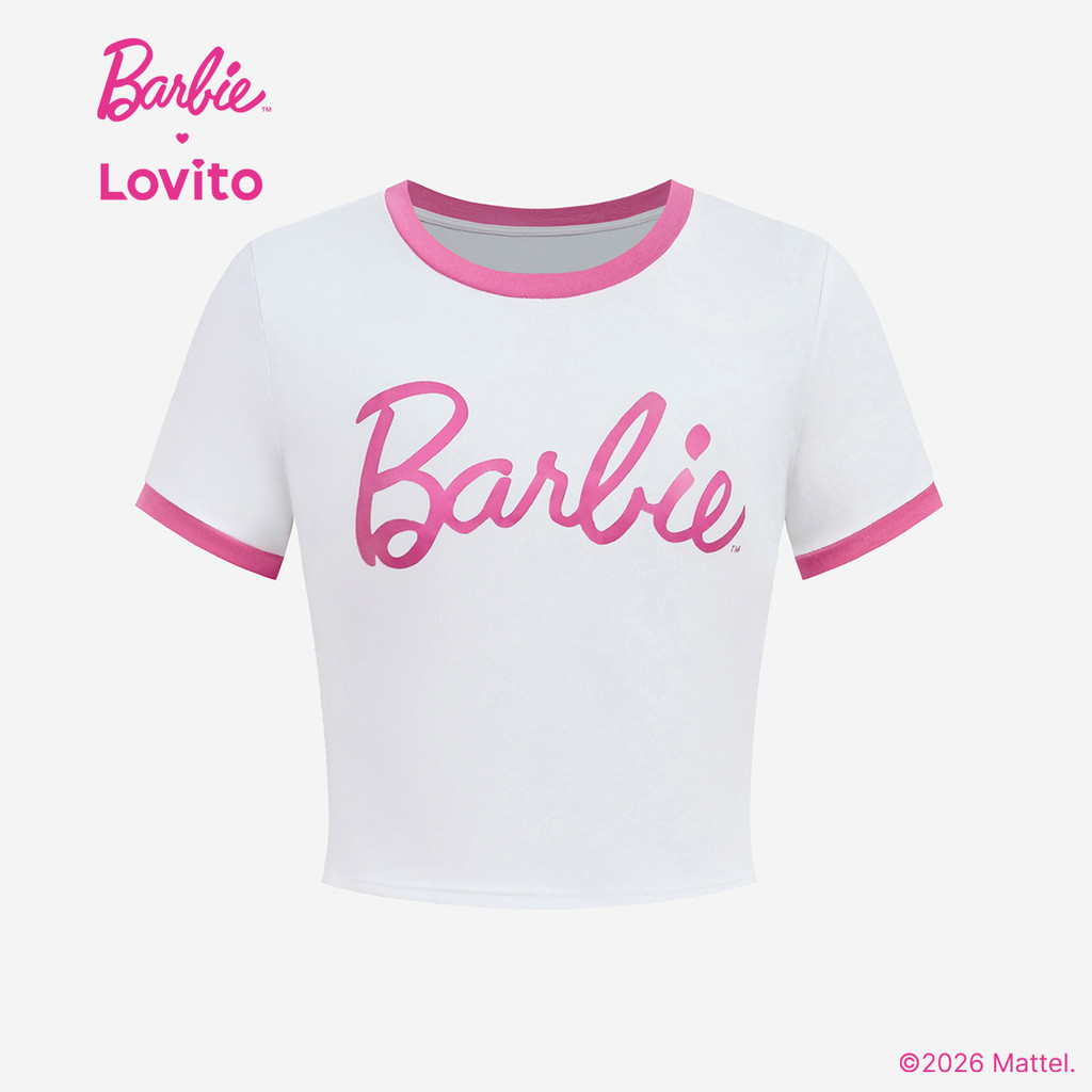 Barbie × Lovito تيشيرت نسائي أبيض ضيق — صورة 4
