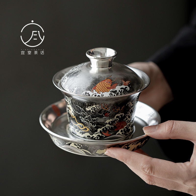 Yishi ชา Hua 999 เงินสเตอร์ลิง Gilt หมึกเงินมังกร Sancai Gaiwan พร้อมฝาปิดชามชา Kung Fu ชุดชาชามชาถ้