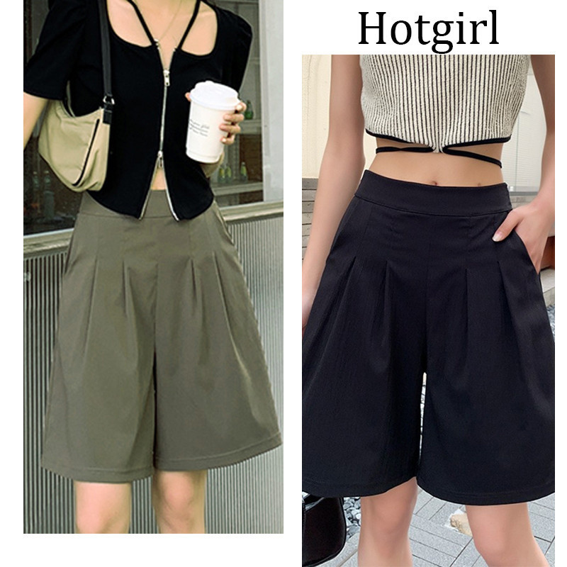 Hotgirl พร้อมส่ง เกงขาสั้นผู้หญิง เกงขาสั้น ผ้ายืดสบายๆ เอวสูง กางเกงขากว้างลำลอง สไตล์เกาหลี มีกระเป๋า การออกแบบจีบ