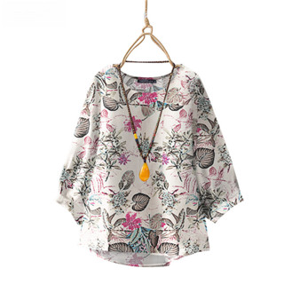 เสื้อสไตล์เกาหลีสำหรับผู้หญิง แขน3/4 พิมพ์ลายดอกไม้ที่คอดอก