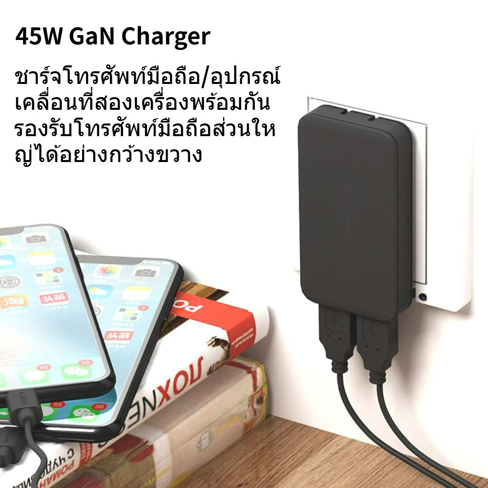 หัวชาร์จเร็ว 2 พอร์ต QC 4.0 45W GaN Charger ปลั๊กผนังพับ USB-C คู่สําหรับ for iPhone for Xiaomi for Samsung