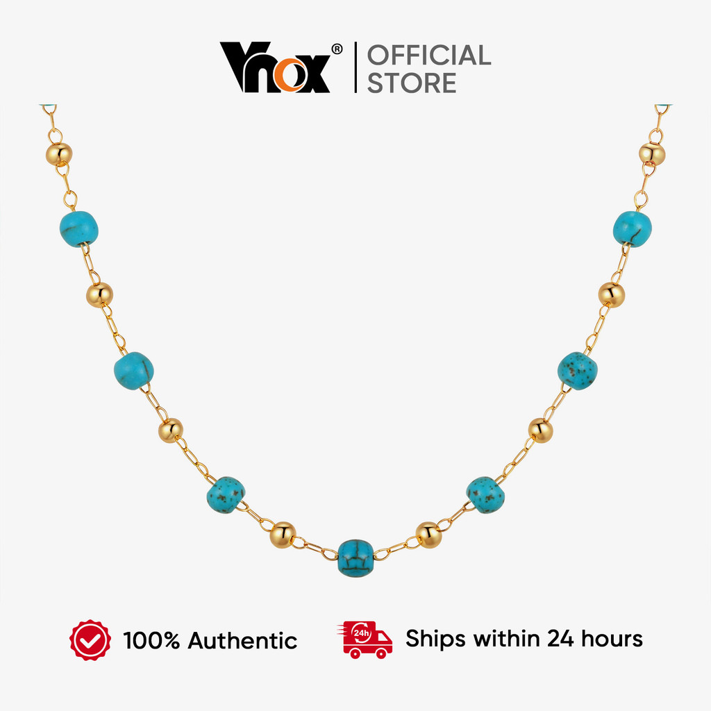 VNOX วีน็อกซ์ ชุบทอง Turquoise ลูกปัดอุปกรณ์เสริม Link Chain สร้อยคอผู้หญิงสาวปรับไม่ซีดจางสไตล์โบฮีเมียนวันหยุดสร้อยคอเ