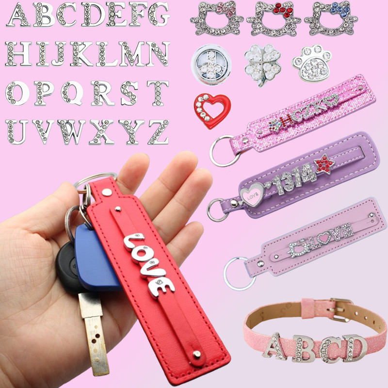 สีสัน PU หนังชื่อพวงกุญแจพวงกุญแจ 8 มม.สไลด์บาร์ Fit DlY ตัวอักษร Charms เครื่องประดับทําอุปกรณ์เสริม DlY