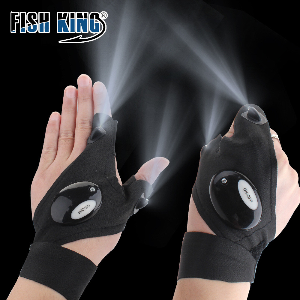 FISHKING ถุงมือมีไฟสำหรับตกปลา พร้อมไฟฉายส่องสว่าง ออกแบบครึ่งนิ้ยวัสดุป้องกันลื่น