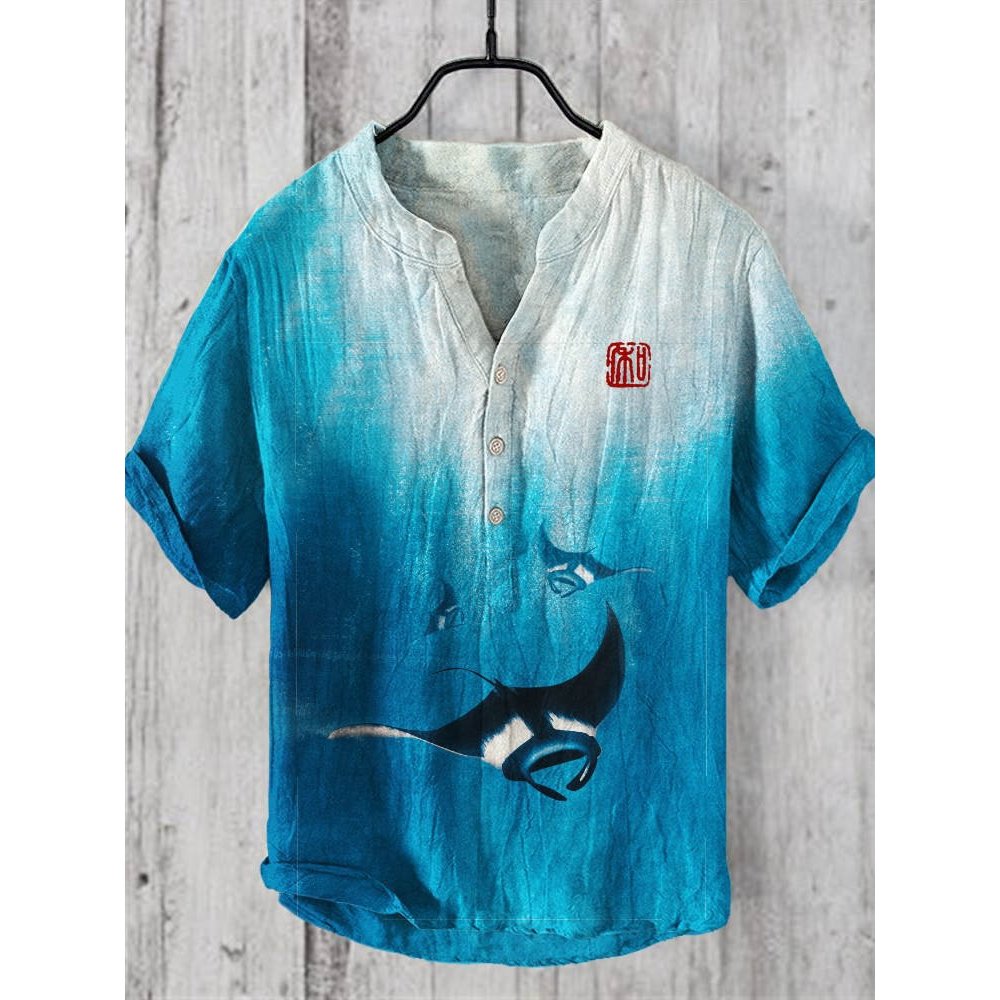 เสื้อเชิ้ตผู้ชายผ้าลินิน พิมพ์ลายดิจิตอล 3 มิติ