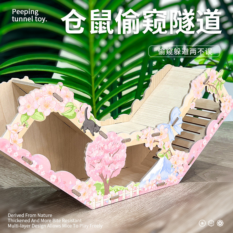หนูแฮมสเตอร์ อุโมงค์เขาวงกตไม้เนื้อแข็ง หมีทอง แพลตฟอร์มสองชั้น ซ่อน บ้าน ขุด ขุด ท่อ ภูมิทัศน์ ของเล่น