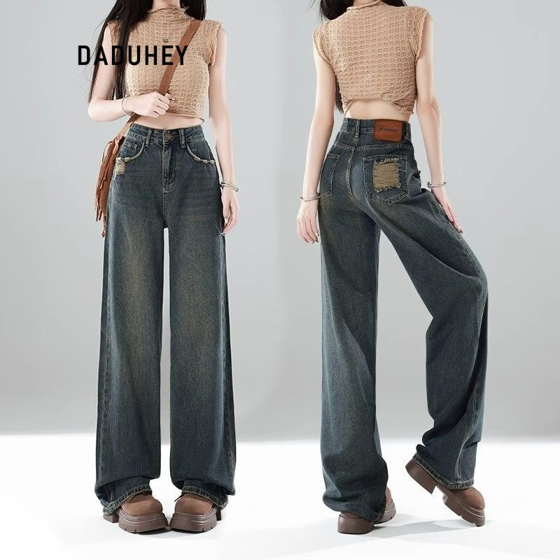 DaDuHey New High Waist American Retro Pocket Worn Narrow Cement Gray Wide Leg Jeans for Women | 510