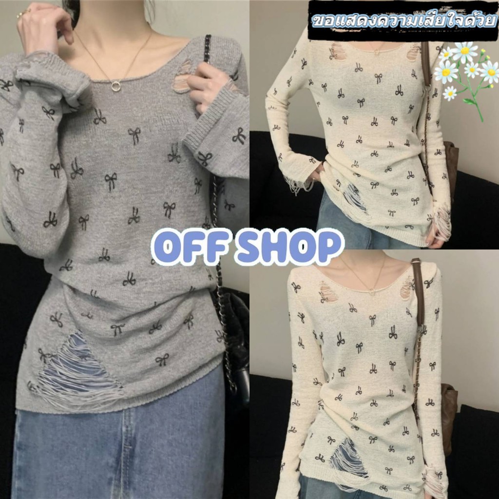 OFF SHOP พร้อมส่ง (OFF-Y6526) เสื้อไหมพรมแขนยาว คอกลมคาวาอี้ ดีเทลซีทรู ลายโบว์