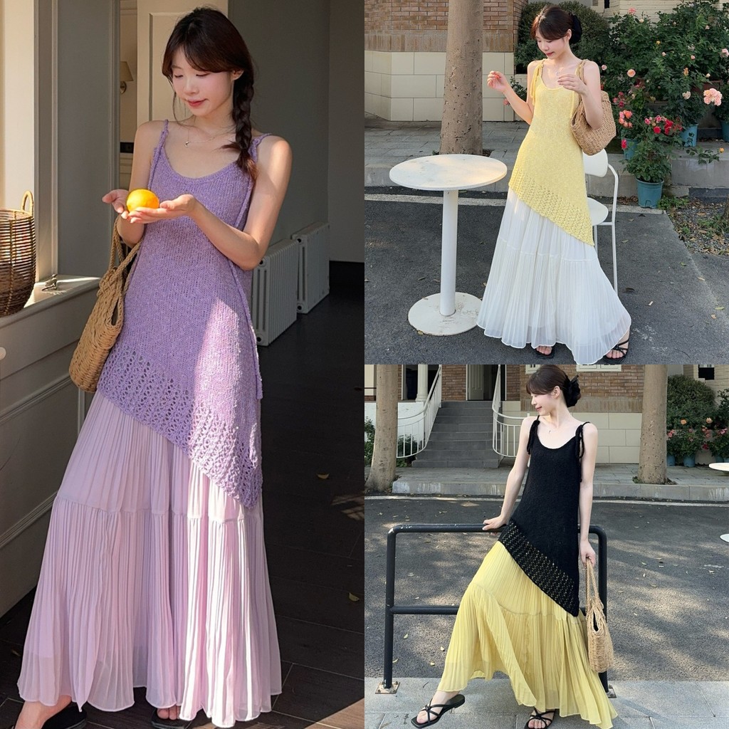 🥭Evelyn🥭เดรสยาว ดีเทลถักผ้าไหมพรม สีสดใส ชุดมินิเดรส ผ้านุ่มนิ่ม ใส่สบาย สไตล์เกาหลี สำหรับผู้หญิง ส่งจากไทย