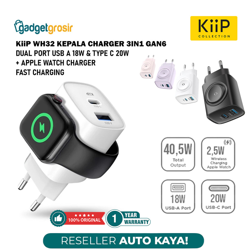 KiiP WH32 3in1 Charger Head Adapter GaN6 20W Dual Port USB A + Type C + iWatch Apple Watch Wireless 