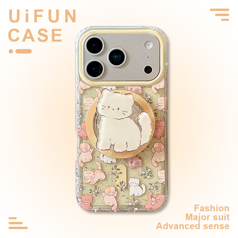 Glitter Kawaii ดอกไม้แมว Kickstand โทรศัพท์มือถือแม่เหล็กสําหรับ iPhone 17 16 15 14 13 Pro Max 16Promax IMD กันกระแทก Hard PC ฝาหลัง