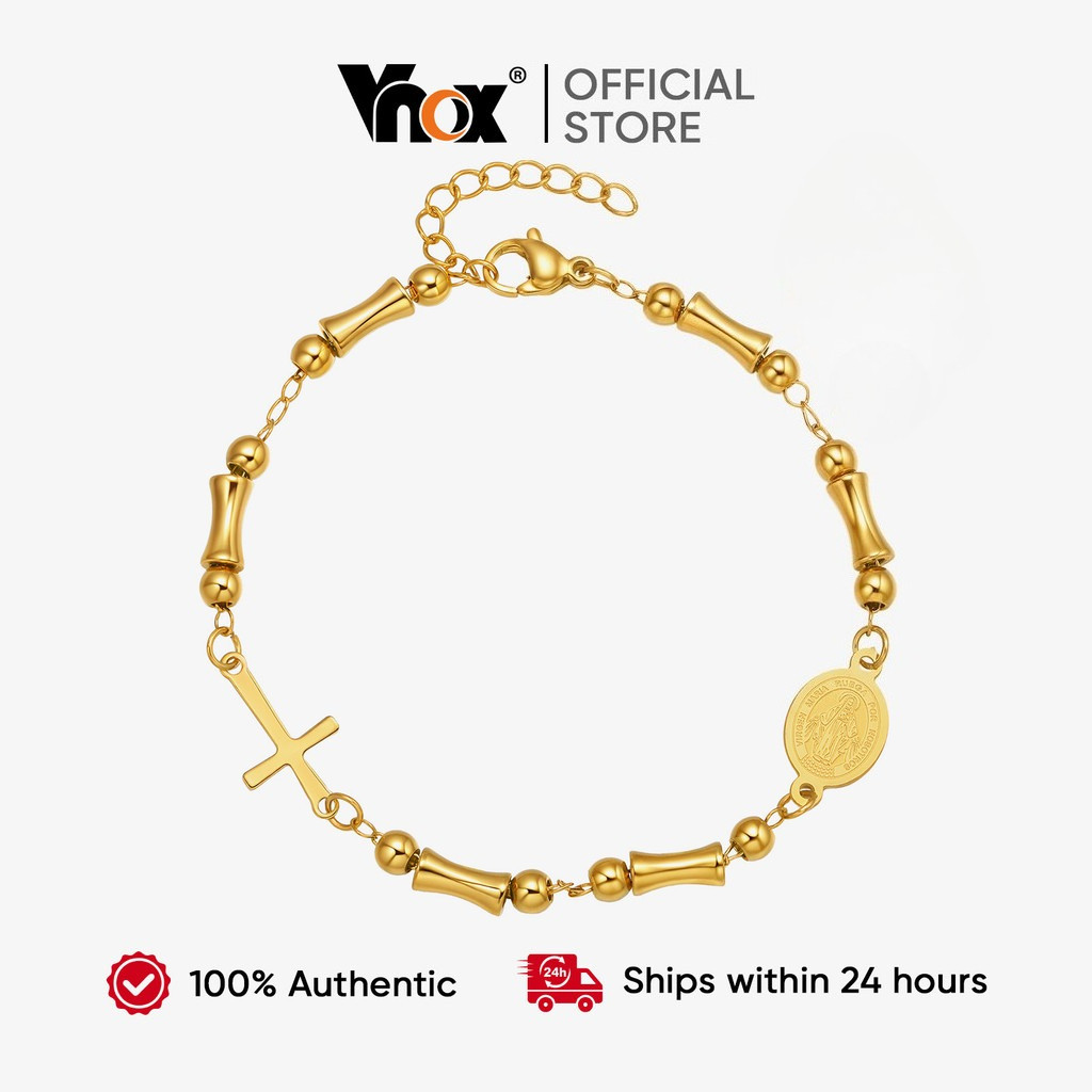 VNOX วีน็อกซ์ ไม้ไผ่ร่วมลูกปัดพระแม่มารีพระเยซูข้ามสร้อยข้อมือสําหรับผู้หญิง,สแตนเลสปรับอร่อยอธิษฐานคริสเตียนศรัทธาสร้อย