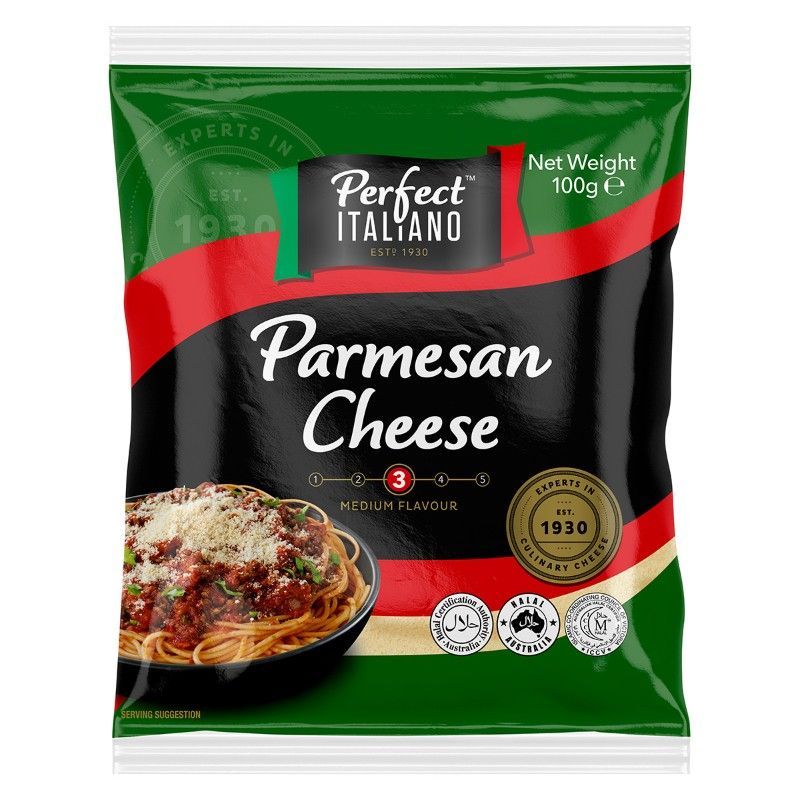 เพอร์เฟคพาร์มีซานชีสชนิดขูด 100กรัม Perfect Parmesan Grated Cheese 100g. [หมายเลขบาร์โค้ด 9300665023118 ]