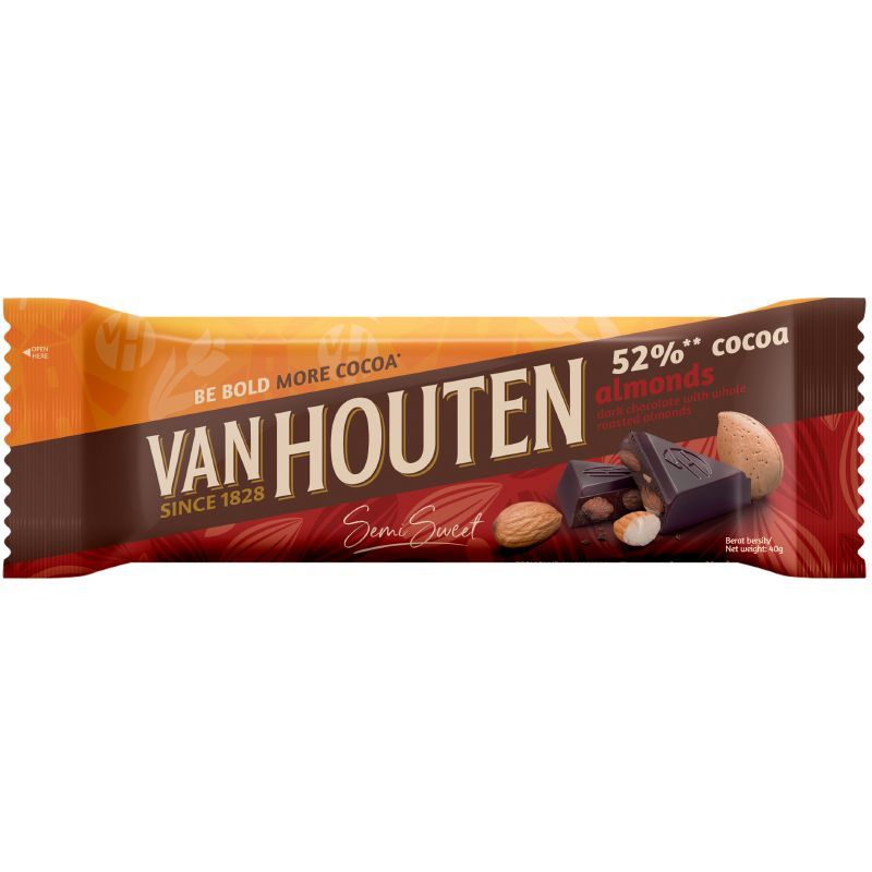 แวนฮูเต็นบาร์โกโก้อัลมอนด์ช็อกโกแลต 40กรัม Van Houten Bar Cocoa Almonds Chocolate 40g. [หมายเลขบาร์โค้ด 8991001243157 ]