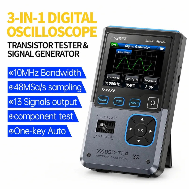 FNIRSI DSO-TC4 3-in-1 Handheld Oscilloscope 10MHz 48MSa เครื่องทดสอบทรานซิสเตอร์เครื่องกําเนิดสัญญาณ